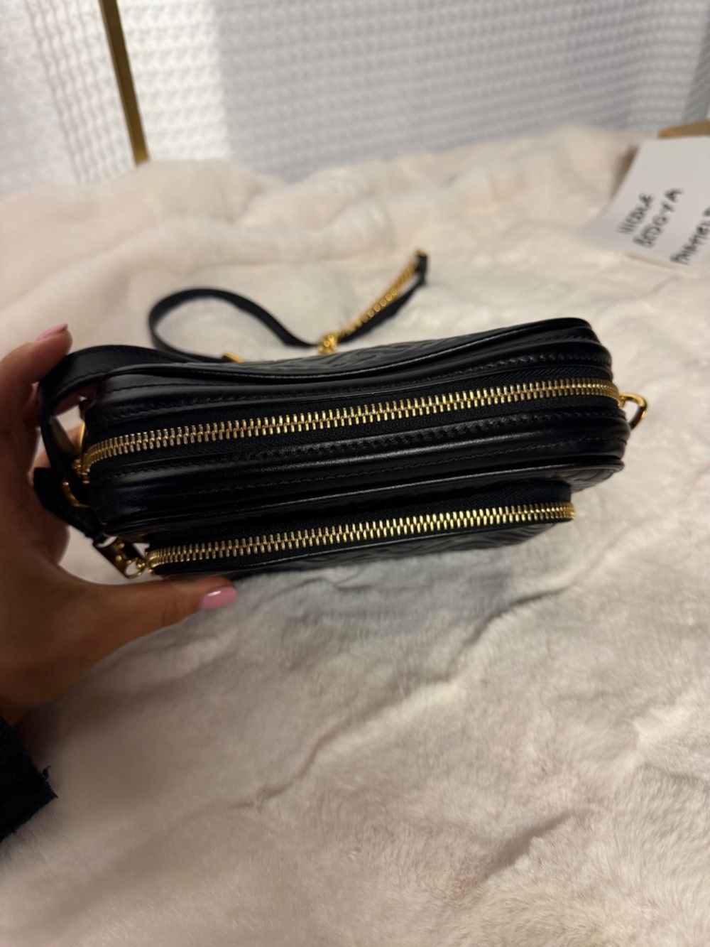 Burberry Monogram Embossed Leather Camera Bag Black Gold Chain Crossbody - Picture 6 of 13